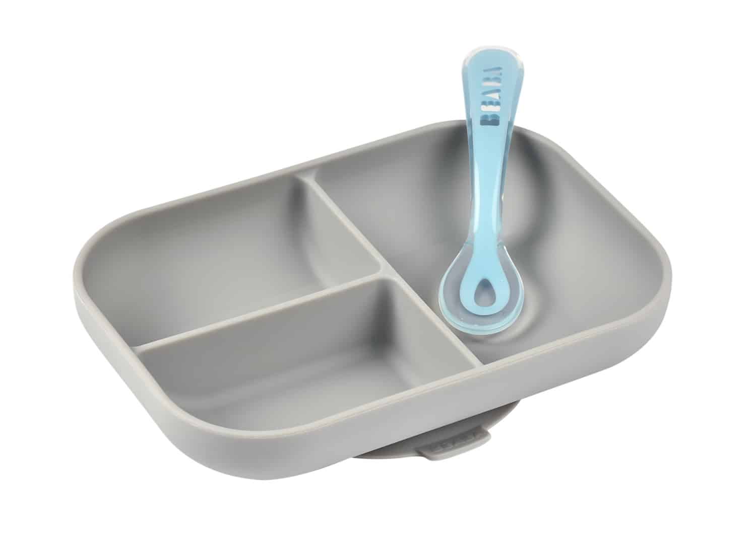 Silicone Suction Divided Plate & Spoon - Grey
