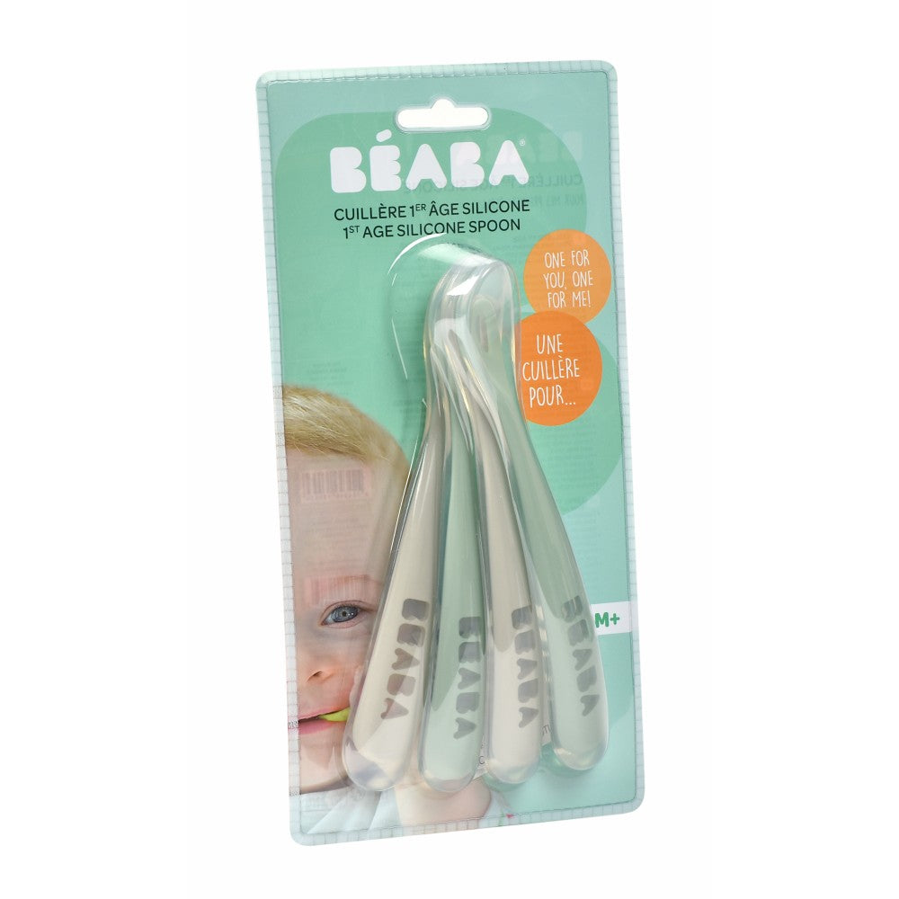 Beaba Ergonomic 1st Stage Silicone Spoons (Set of 4) - Velvet grey/Sage green