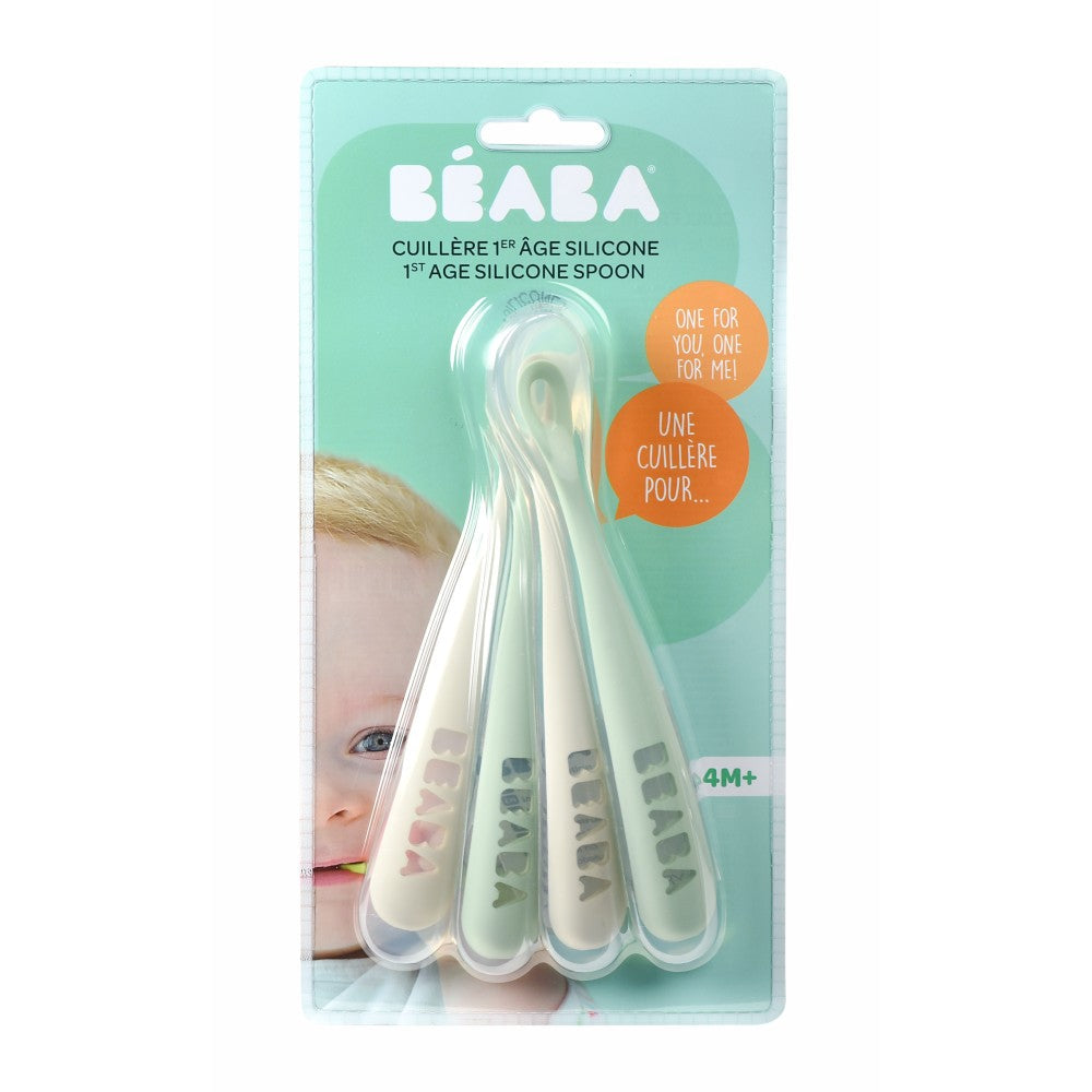 Beaba Ergonomic 1st Stage Silicone Spoons (Set of 4) - Velvet grey/Sage green