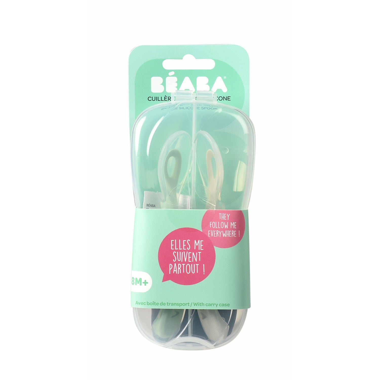 Beaba 2nd Stage Soft Silicone Spoon with case - Velvet Grey/Sage Green