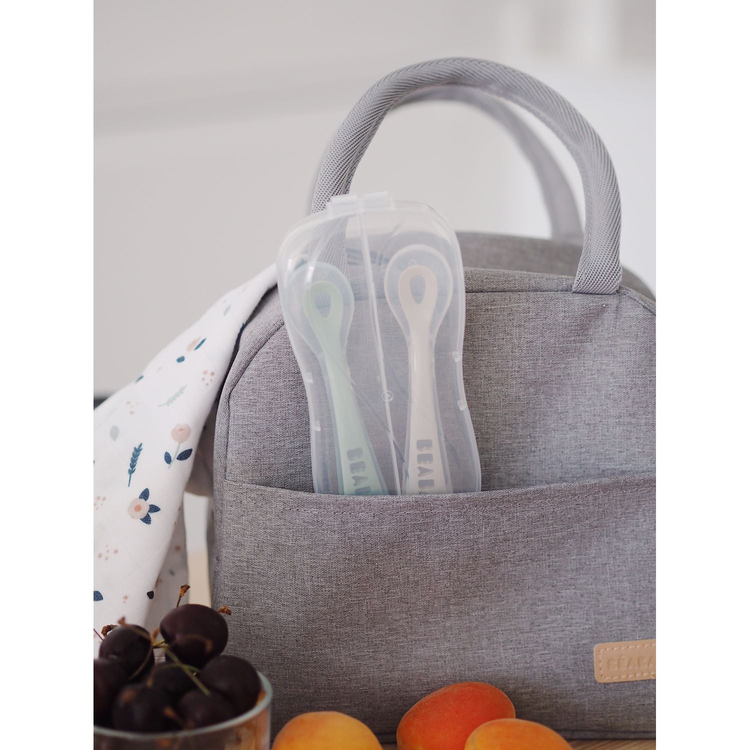 Beaba 2nd Stage Soft Silicone Spoon with case - Velvet Grey/Sage Green