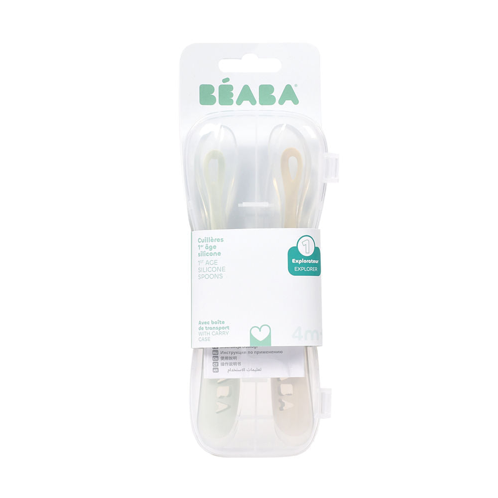 Beaba 1st Stage Silicone Spoons & Case 2 Pack - Clay/Misty Green