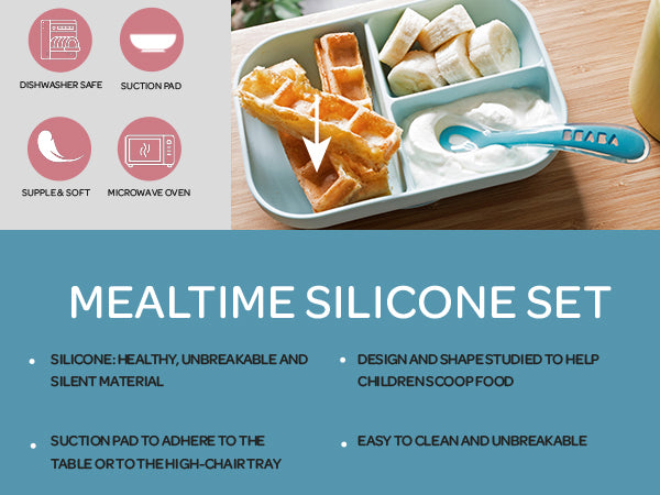 Silicone Suction Divided Plate & Spoon - Pink