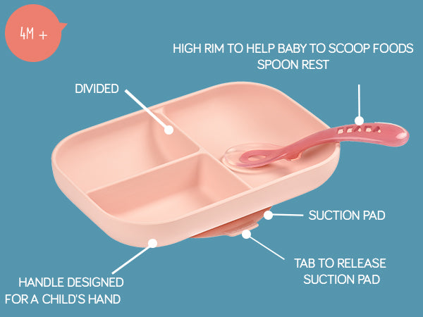 Silicone Suction Divided Plate & Spoon - Pink