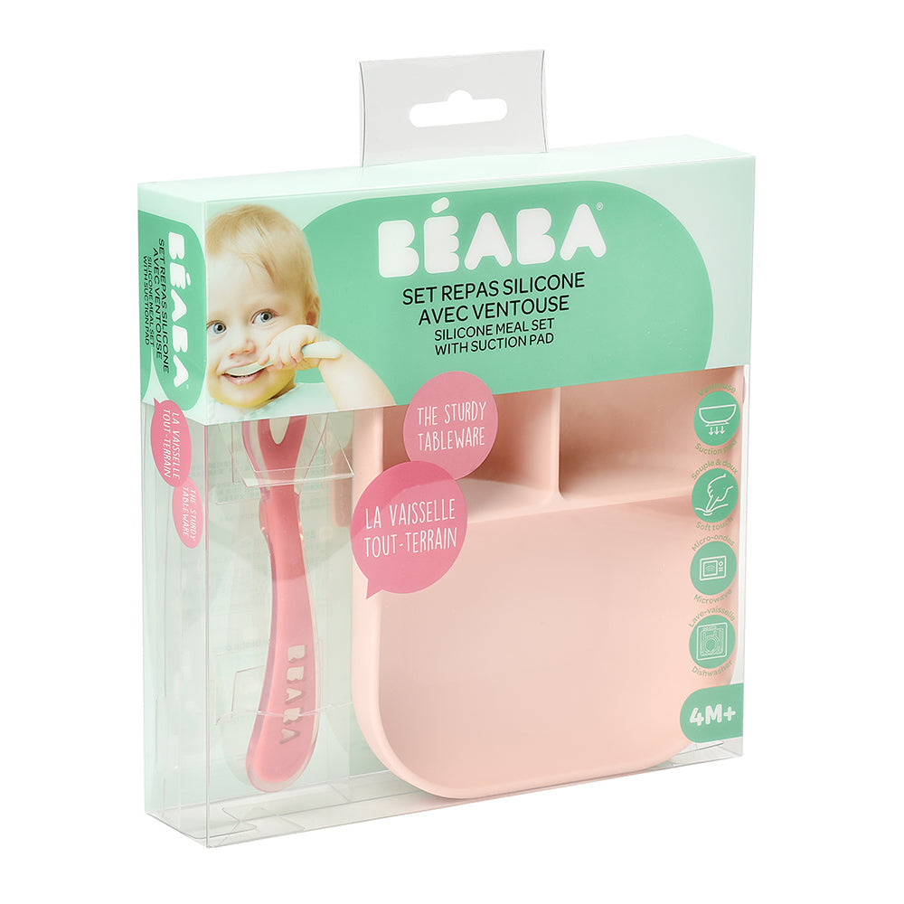 Beaba Silicone Suction Divided Plate & Spoon - Pink (2)
