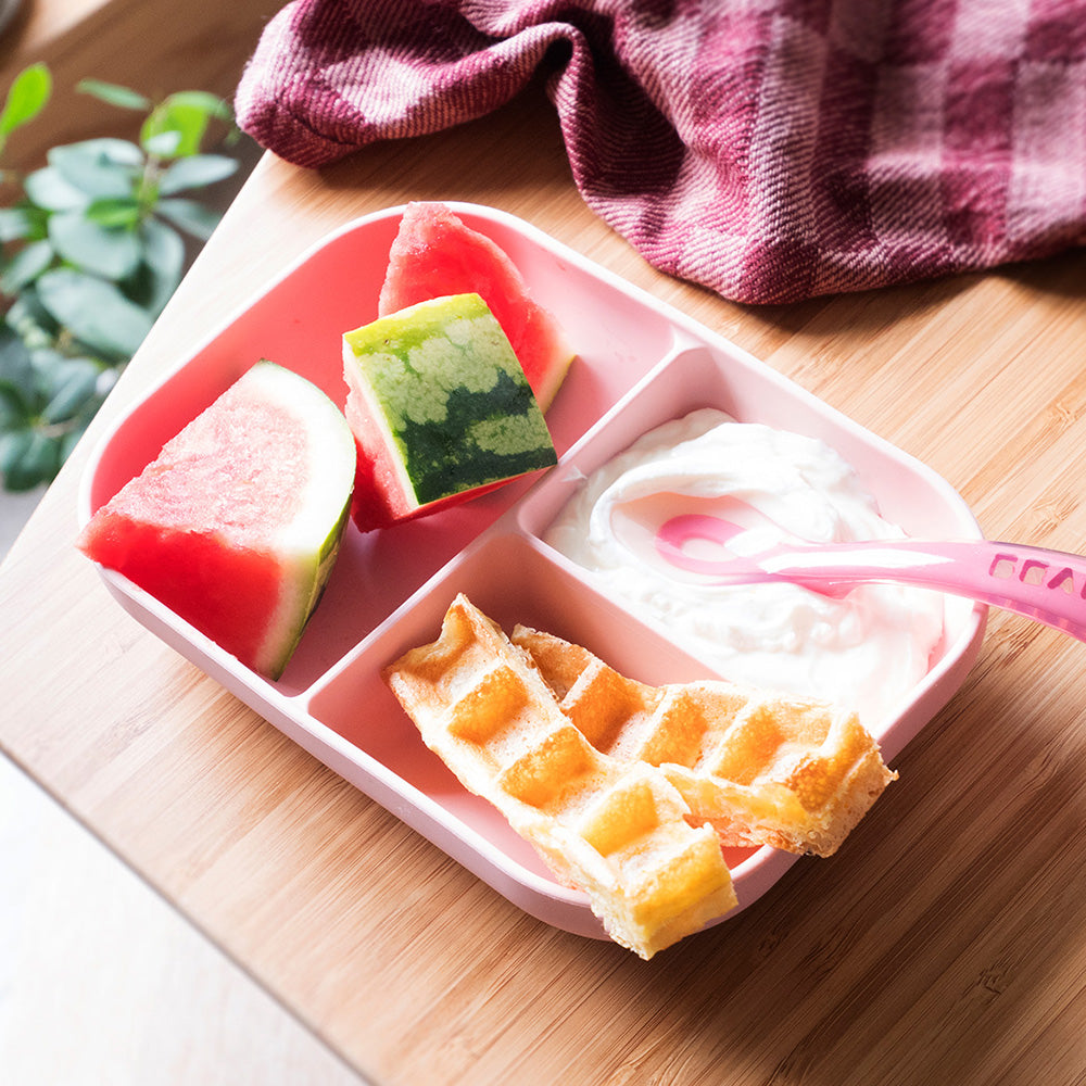 Beaba Silicone Suction Divided Plate & Spoon - Pink (3)