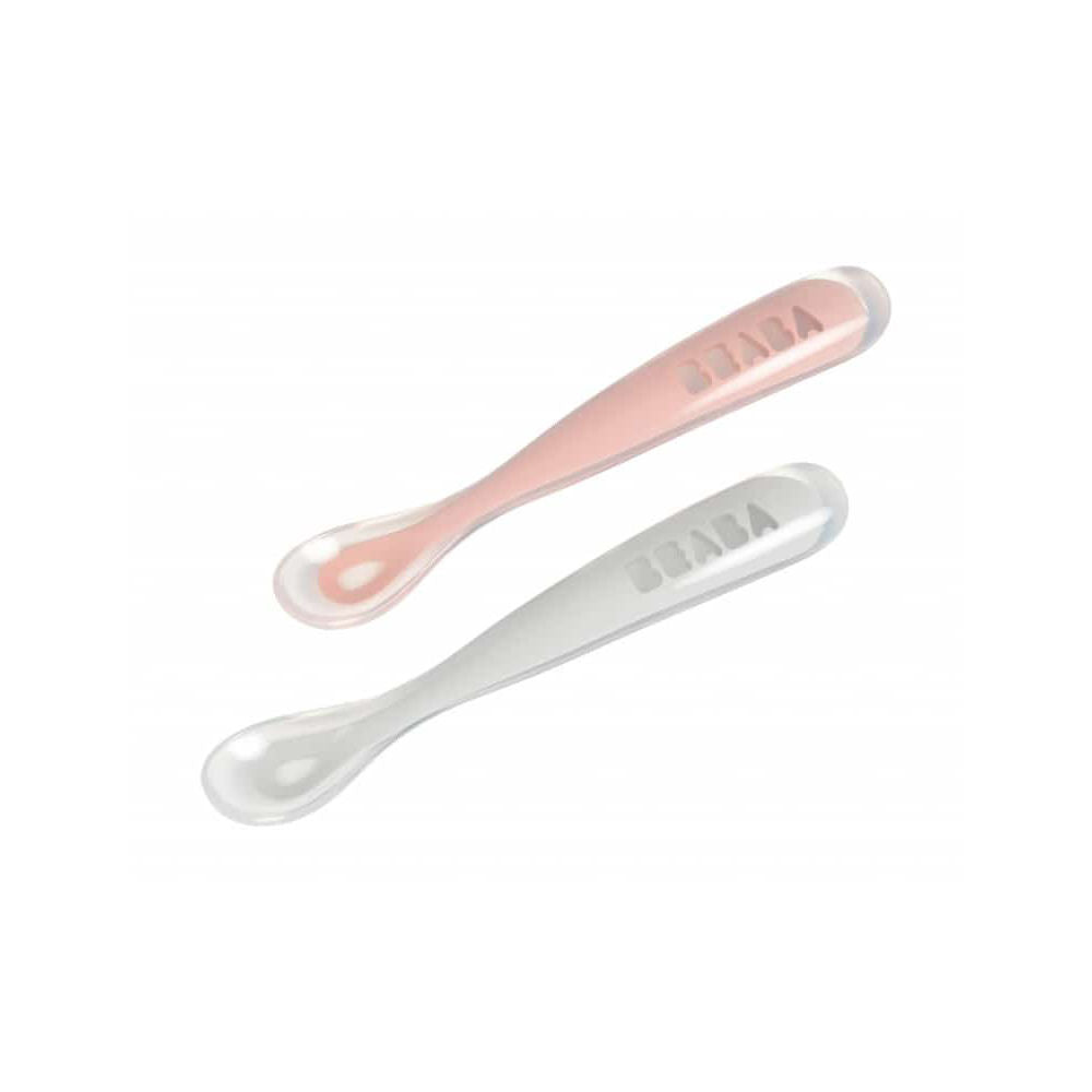 Beaba 1st Stage Silicone Spoon & Case 2 Pack - Light Mist/Old Pink