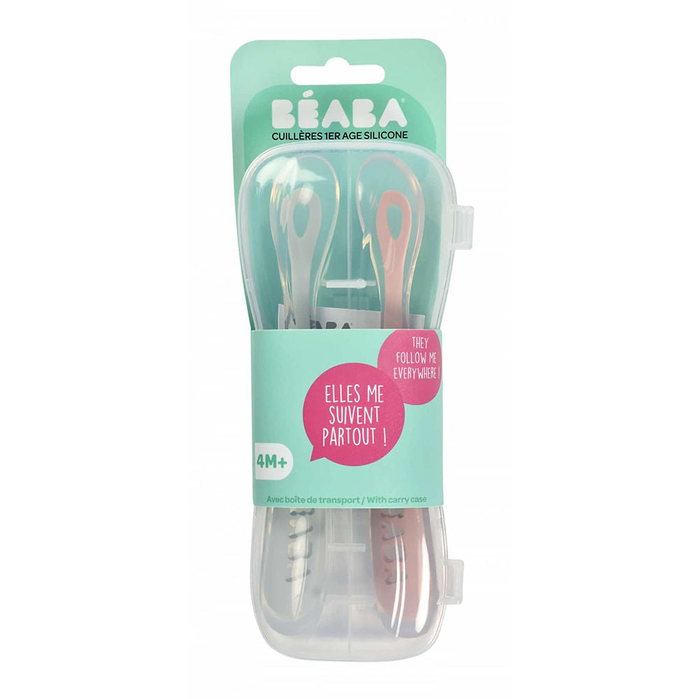 Beaba 1st Stage Silicone Spoon & Case 2 Pack - Light Mist/Old Pink