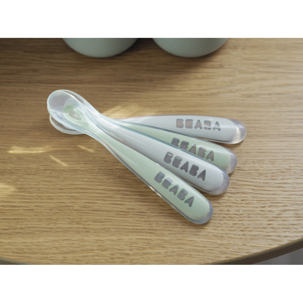 Beaba Ergonomic 1st Stage Silicone Spoons (Set of 4) - Velvet grey/Sage green