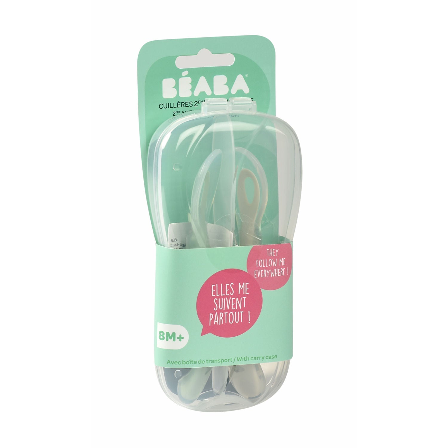 Beaba 2nd Stage Soft Silicone Spoon with case - Velvet Grey/Sage Green