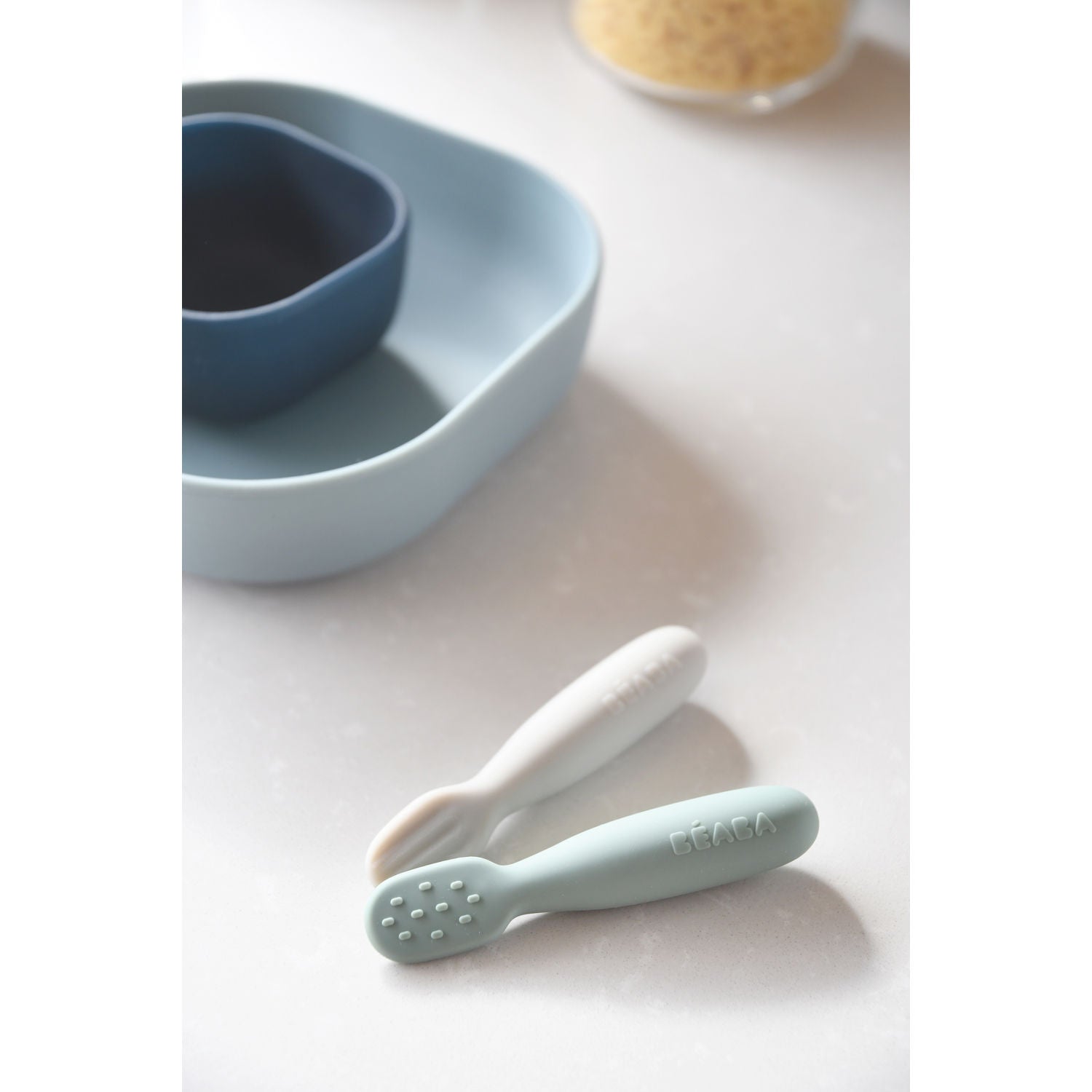 Beaba Silicone Pre-Spoons 2 Pack - Sage Green/Velvet Grey