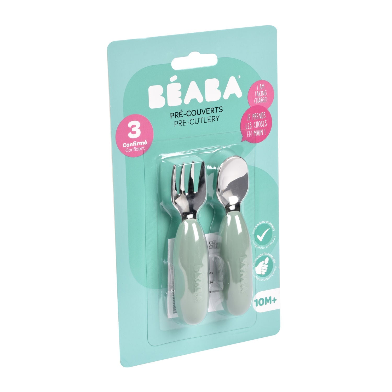 Beaba Fork & Spoon Stainless Steel Pre-Cutlery - Sage Green