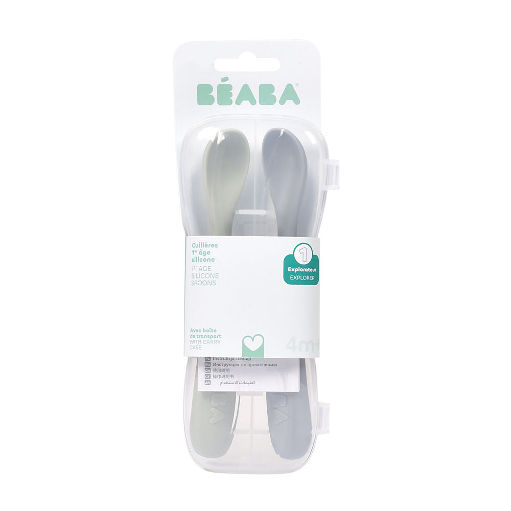 Beaba 1st Stage Silicone Spoons 2 Pack - Misty Green/Pebble