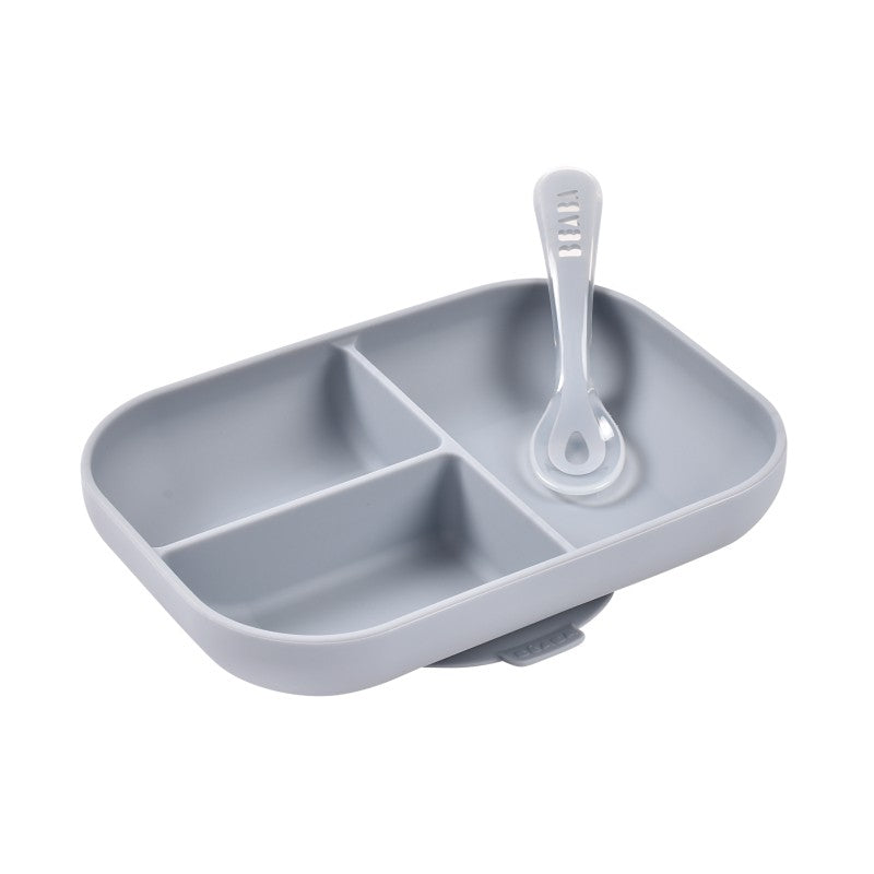Silicone Suction Divided Plate & Spoon - Pebble