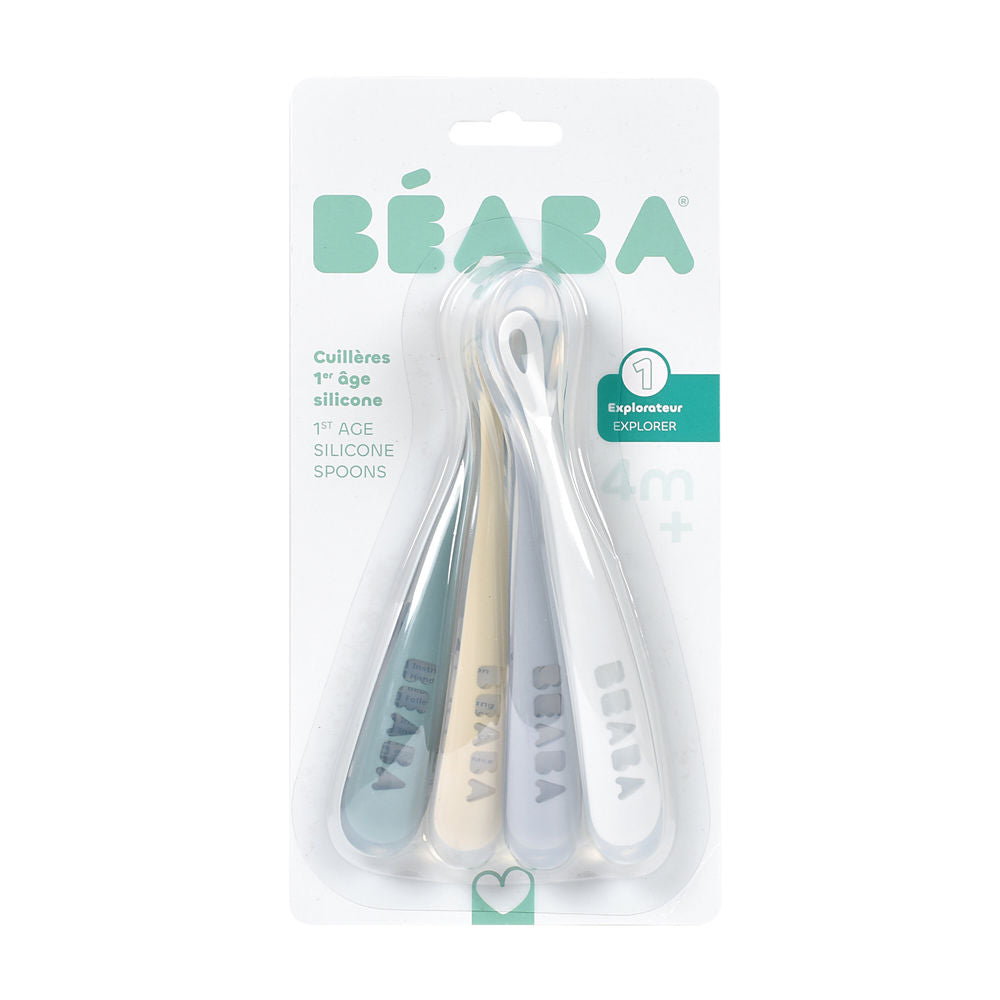 Beaba 1st Stage Silicone Spoons 4 Pack - Pebble/Cloud Blue/Baltic Blue/Clay