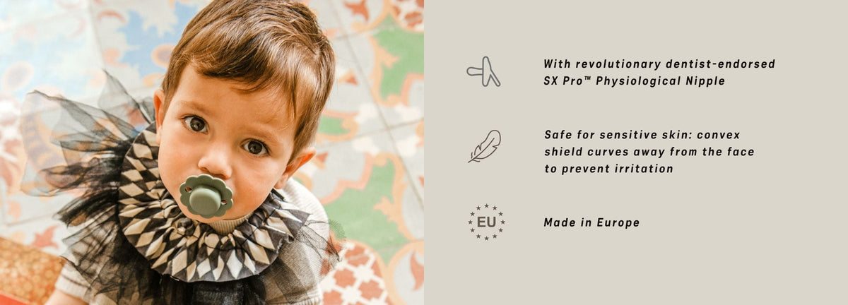 Baby using a Suavinex Wonder soother, with the range's key features listed alongside